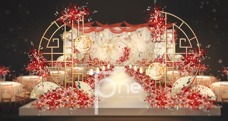 红色清雅新中式婚礼设计效果图+平面文件