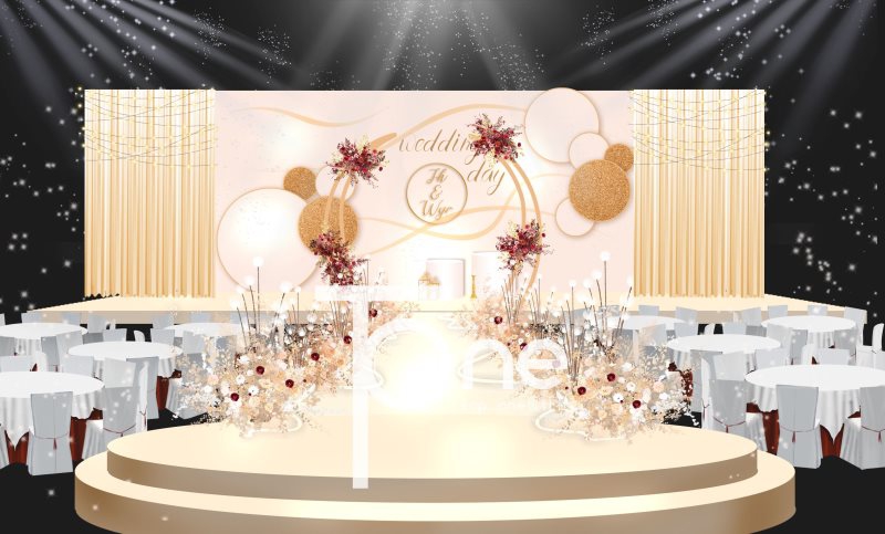 香槟色简约圆形花艺装饰婚礼效果图含平面输出