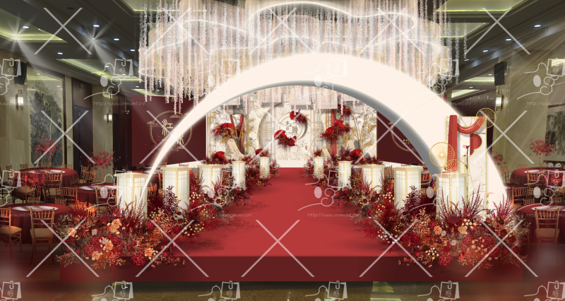 香槟色中式氛围感婚礼设计效果图全案+平面文件