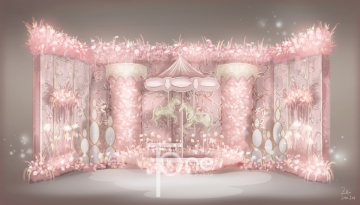 粉色花艺装饰旋转木马合影区婚礼设计