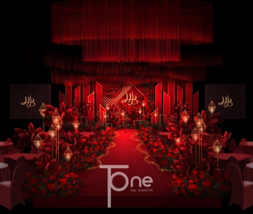 玫瑰红色线条吊顶主舞台婚礼设计