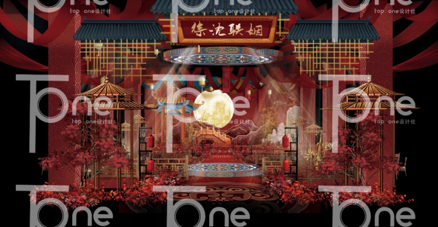 红色中式大气牌匾圆月主舞台效果图含平面文件