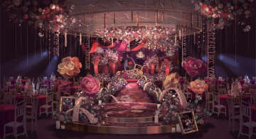 欧式复古红色玫瑰纸花主舞台婚礼设计