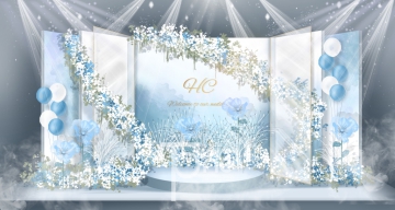 淡蓝色白色花瓣造型合影+主舞台婚礼设计