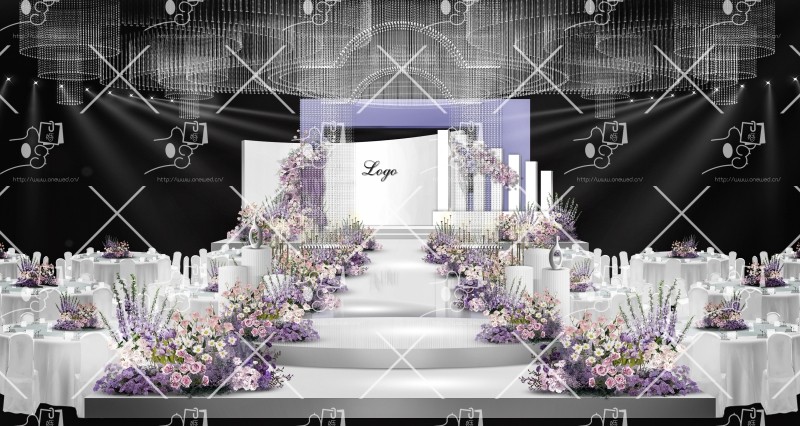 白紫色秀场水晶吊顶婚礼设计效果图含平面