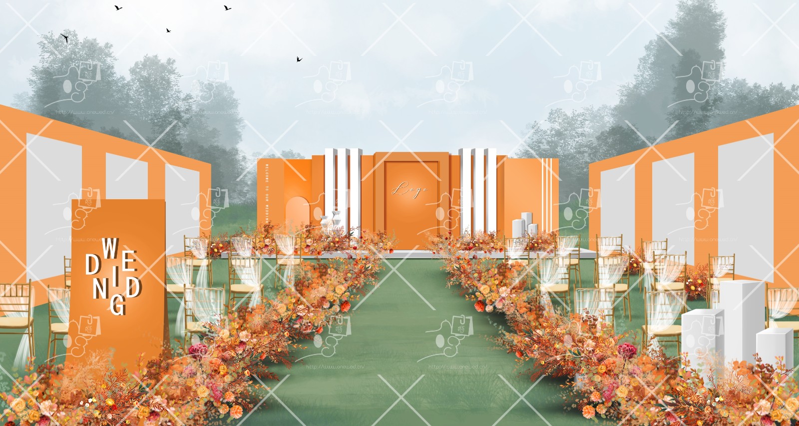 橙色系包围式婚礼效果图