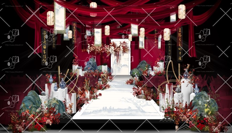 红色新中式淡雅婚礼效果图含平面